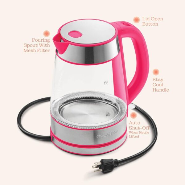 speed boil electric kettle for coffee & tea 1.7l water boiler 1500w, borosilicate glass, easy clean wide opening, auto shut off, cool touch handle, led light. 360° rotation, boil dry protection