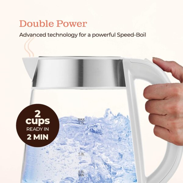 speed boil electric kettle for coffee & tea 1.7l water boiler 1500w, borosilicate glass, easy clean wide opening, auto shut off, cool touch handle, led light. 360° rotation, boil dry protection