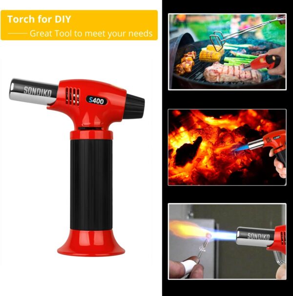 sondiko butane torch s400, refillable kitchen torch lighter, fit all butane tanks blow torch with safety lock and adjustable flame for desserts, creme brulee, and baking—butane gas is not included