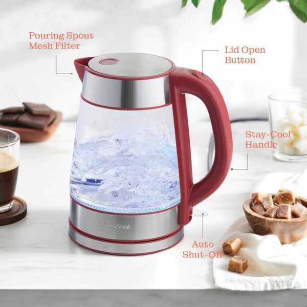 speed boil electric kettle for coffee & tea 1.7l water boiler 1500w, borosilicate glass, easy clean wide opening, auto shut off, cool touch handle, led light. 360° rotation, boil dry protection