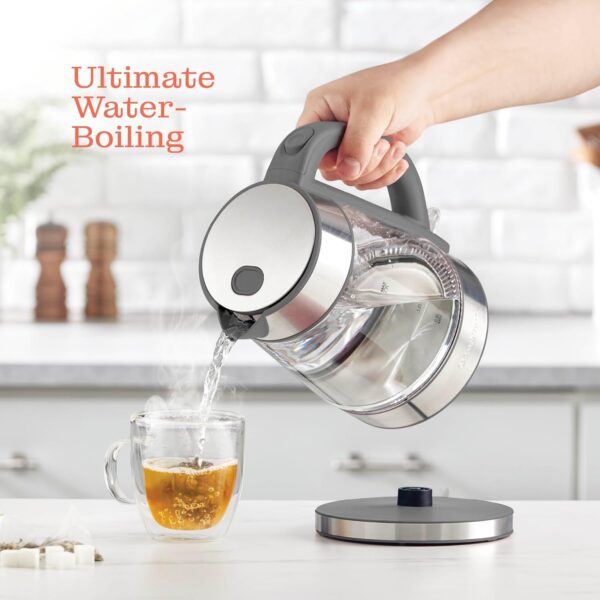 speed boil electric kettle for coffee & tea 1.7l water boiler 1500w, borosilicate glass, easy clean wide opening, auto shut off, cool touch handle, led light. 360° rotation, boil dry protection