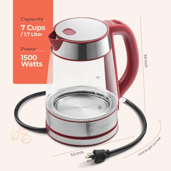 speed boil electric kettle for coffee & tea 1.7l water boiler 1500w, borosilicate glass, easy clean wide opening, auto shut off, cool touch handle, led light. 360° rotation, boil dry protection