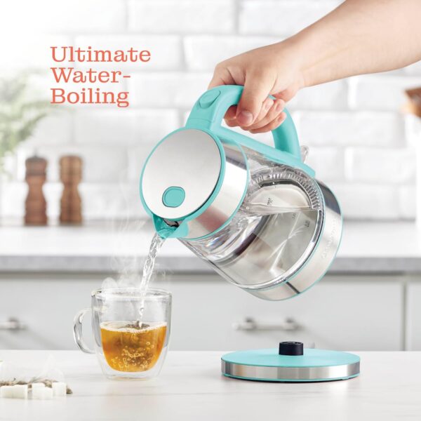 speed boil electric kettle for coffee & tea 1.7l water boiler 1500w, borosilicate glass, easy clean wide opening, auto shut off, cool touch handle, led light. 360° rotation, boil dry protection