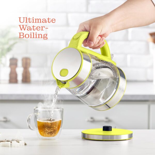speed boil electric kettle for coffee & tea 1.7l water boiler 1500w, borosilicate glass, easy clean wide opening, auto shut off, cool touch handle, led light. 360° rotation, boil dry protection