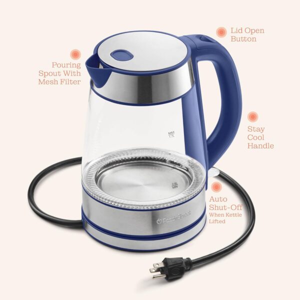 speed boil electric kettle for coffee & tea 1.7l water boiler 1500w, borosilicate glass, easy clean wide opening, auto shut off, cool touch handle, led light. 360° rotation, boil dry protection