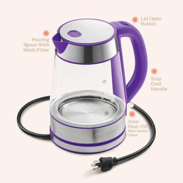speed boil electric kettle for coffee & tea 1.7l water boiler 1500w, borosilicate glass, easy clean wide opening, auto shut off, cool touch handle, led light. 360° rotation, boil dry protection