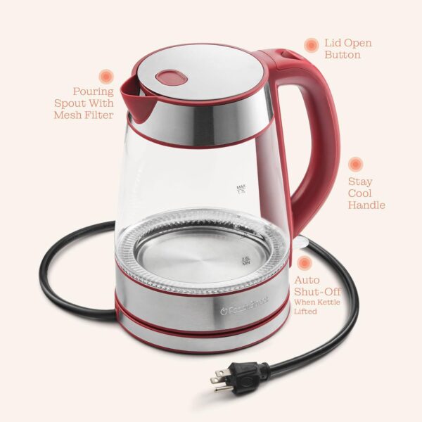 speed boil electric kettle for coffee & tea 1.7l water boiler 1500w, borosilicate glass, easy clean wide opening, auto shut off, cool touch handle, led light. 360° rotation, boil dry protection