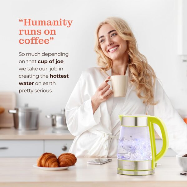 speed boil electric kettle for coffee & tea 1.7l water boiler 1500w, borosilicate glass, easy clean wide opening, auto shut off, cool touch handle, led light. 360° rotation, boil dry protection