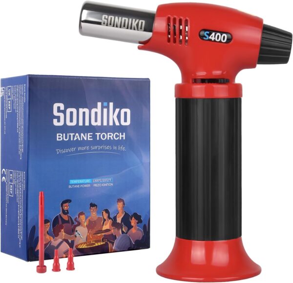 sondiko butane torch s400, refillable kitchen torch lighter, fit all butane tanks blow torch with safety lock and adjustable flame for desserts, creme brulee, and baking—butane gas is not included