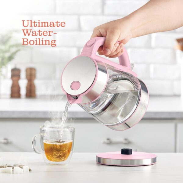 speed boil electric kettle for coffee & tea 1.7l water boiler 1500w, borosilicate glass, easy clean wide opening, auto shut off, cool touch handle, led light. 360° rotation, boil dry protection