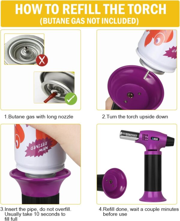 sondiko butane torch s400, refillable kitchen torch lighter, fit all butane tanks blow torch with safety lock and adjustable flame for desserts, creme brulee, and baking—butane gas is not included