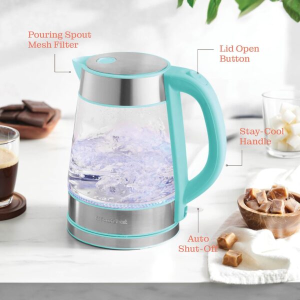 speed boil electric kettle for coffee & tea 1.7l water boiler 1500w, borosilicate glass, easy clean wide opening, auto shut off, cool touch handle, led light. 360° rotation, boil dry protection