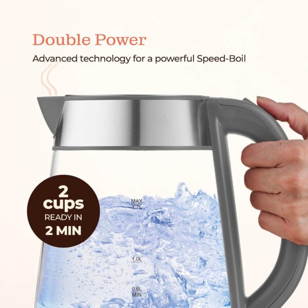 speed boil electric kettle for coffee & tea 1.7l water boiler 1500w, borosilicate glass, easy clean wide opening, auto shut off, cool touch handle, led light. 360° rotation, boil dry protection