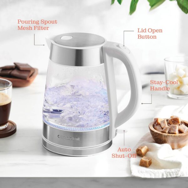 speed boil electric kettle for coffee & tea 1.7l water boiler 1500w, borosilicate glass, easy clean wide opening, auto shut off, cool touch handle, led light. 360° rotation, boil dry protection