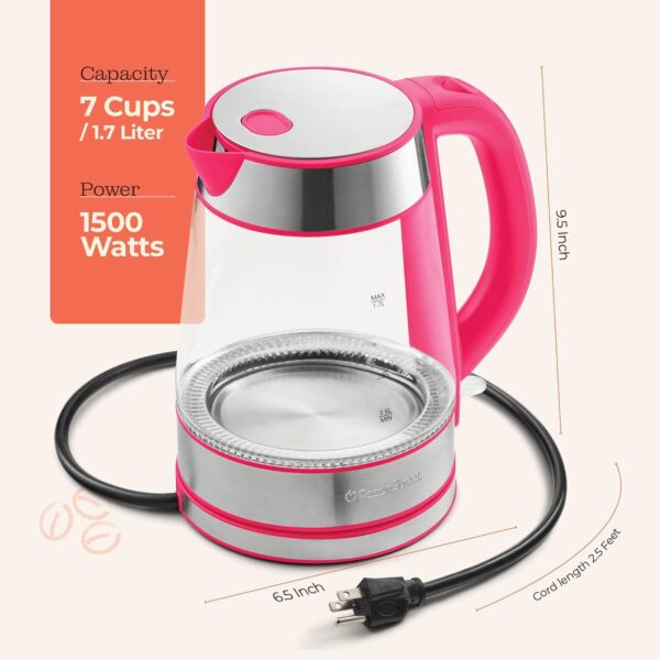 speed boil electric kettle for coffee & tea 1.7l water boiler 1500w, borosilicate glass, easy clean wide opening, auto shut off, cool touch handle, led light. 360° rotation, boil dry protection