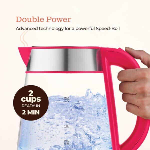 speed boil electric kettle for coffee & tea 1.7l water boiler 1500w, borosilicate glass, easy clean wide opening, auto shut off, cool touch handle, led light. 360° rotation, boil dry protection
