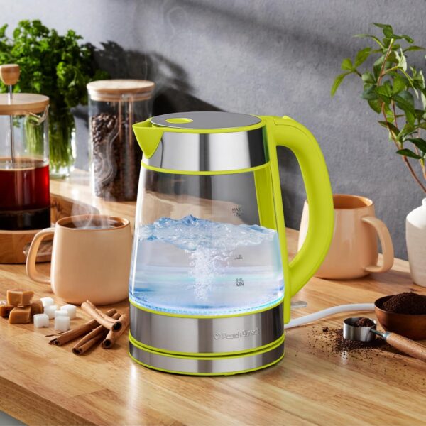 speed boil electric kettle for coffee & tea 1.7l water boiler 1500w, borosilicate glass, easy clean wide opening, auto shut off, cool touch handle, led light. 360° rotation, boil dry protection