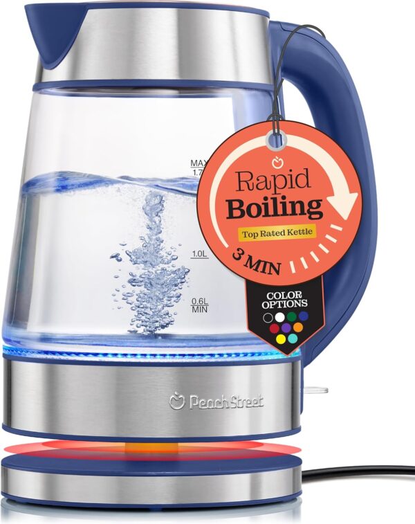 speed boil electric kettle for coffee & tea 1.7l water boiler 1500w, borosilicate glass, easy clean wide opening, auto shut off, cool touch handle, led light. 360° rotation, boil dry protection