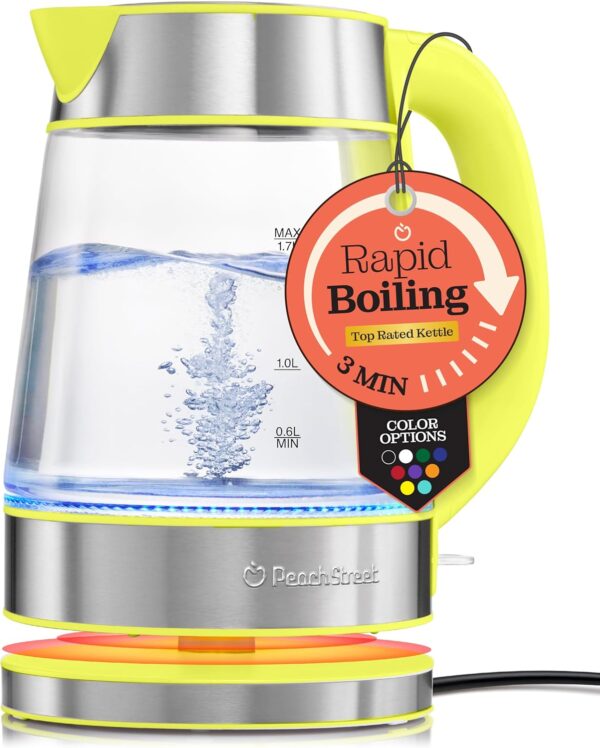 speed boil electric kettle for coffee & tea 1.7l water boiler 1500w, borosilicate glass, easy clean wide opening, auto shut off, cool touch handle, led light. 360° rotation, boil dry protection