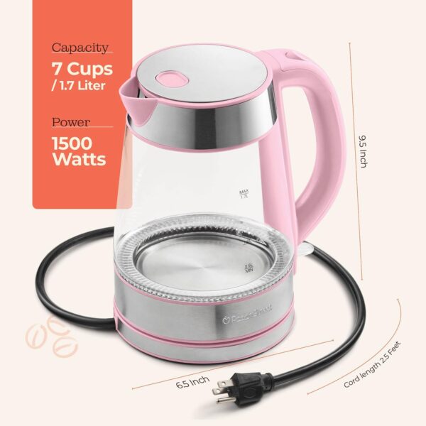 speed boil electric kettle for coffee & tea 1.7l water boiler 1500w, borosilicate glass, easy clean wide opening, auto shut off, cool touch handle, led light. 360° rotation, boil dry protection