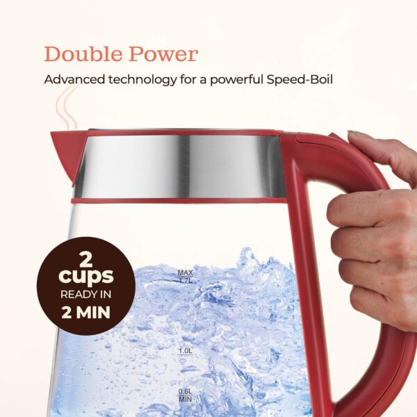 speed boil electric kettle for coffee & tea 1.7l water boiler 1500w, borosilicate glass, easy clean wide opening, auto shut off, cool touch handle, led light. 360° rotation, boil dry protection