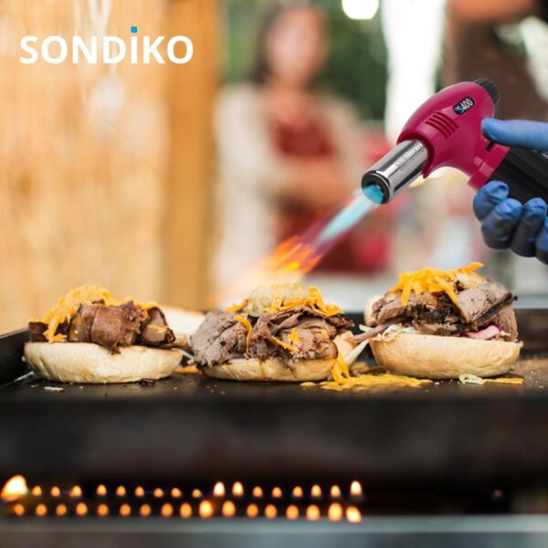 sondiko butane torch s400, refillable kitchen torch lighter, fit all butane tanks blow torch with safety lock and adjustable flame for desserts, creme brulee, and baking—butane gas is not included
