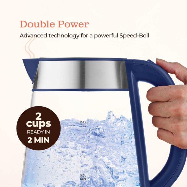 speed boil electric kettle for coffee & tea 1.7l water boiler 1500w, borosilicate glass, easy clean wide opening, auto shut off, cool touch handle, led light. 360° rotation, boil dry protection