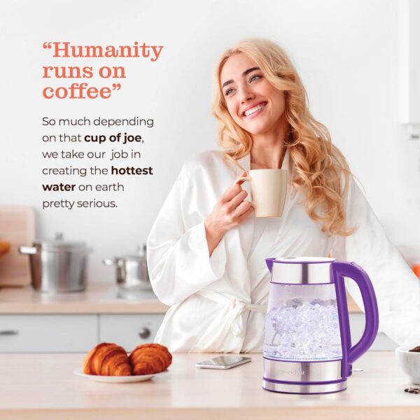 speed boil electric kettle for coffee & tea 1.7l water boiler 1500w, borosilicate glass, easy clean wide opening, auto shut off, cool touch handle, led light. 360° rotation, boil dry protection