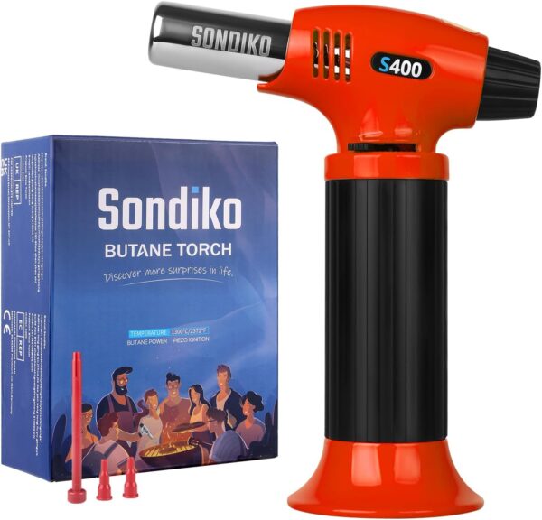 sondiko butane torch s400, refillable kitchen torch lighter, fit all butane tanks blow torch with safety lock and adjustable flame for desserts, creme brulee, and baking—butane gas is not included