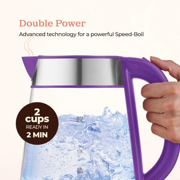 speed boil electric kettle for coffee & tea 1.7l water boiler 1500w, borosilicate glass, easy clean wide opening, auto shut off, cool touch handle, led light. 360° rotation, boil dry protection
