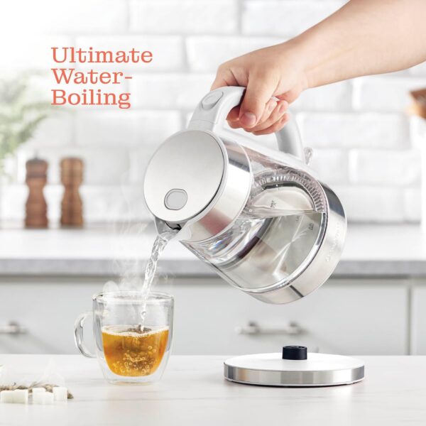 speed boil electric kettle for coffee & tea 1.7l water boiler 1500w, borosilicate glass, easy clean wide opening, auto shut off, cool touch handle, led light. 360° rotation, boil dry protection