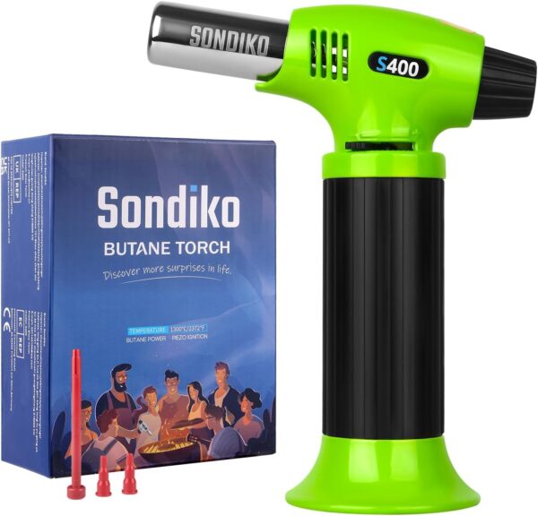 sondiko butane torch s400, refillable kitchen torch lighter, fit all butane tanks blow torch with safety lock and adjustable flame for desserts, creme brulee, and baking—butane gas is not included