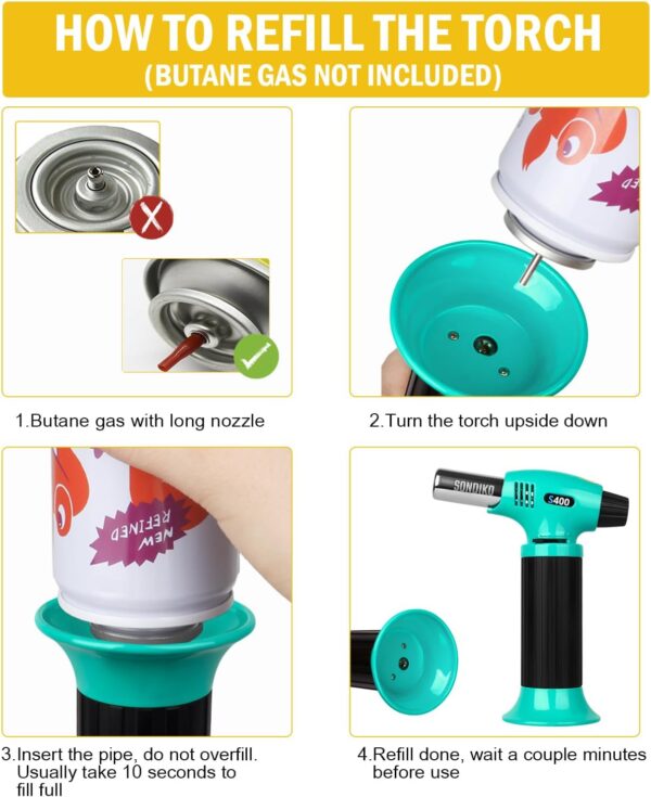 sondiko butane torch s400, refillable kitchen torch lighter, fit all butane tanks blow torch with safety lock and adjustable flame for desserts, creme brulee, and baking—butane gas is not included