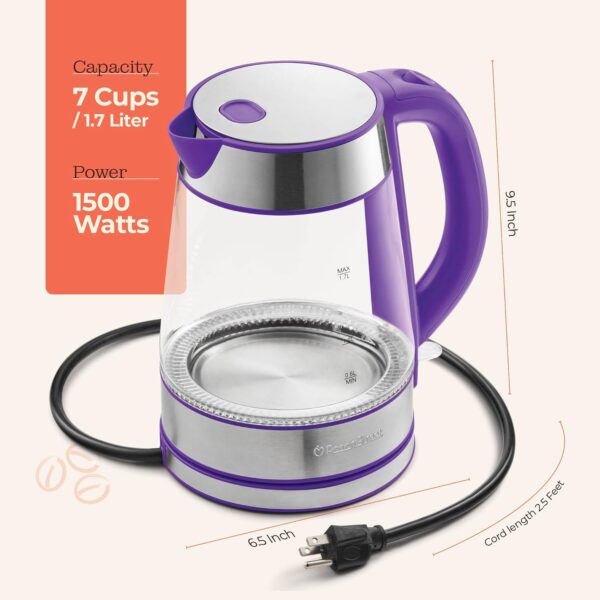 speed boil electric kettle for coffee & tea 1.7l water boiler 1500w, borosilicate glass, easy clean wide opening, auto shut off, cool touch handle, led light. 360° rotation, boil dry protection
