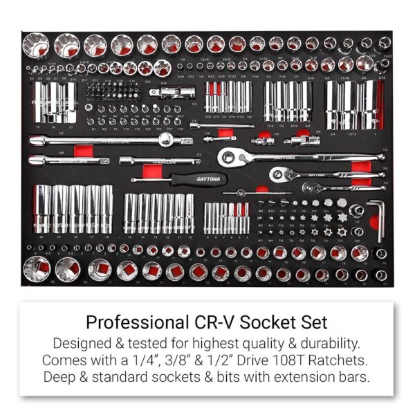 daytona 655 piece mechanical tool set with 43" 12 drawer red roller cabinet