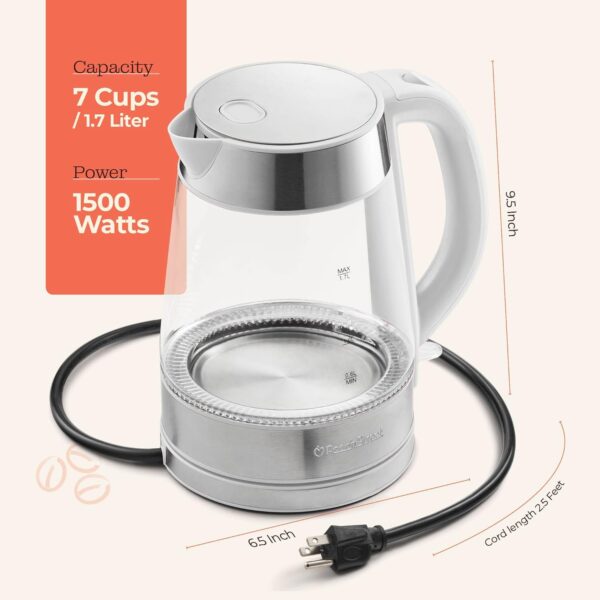 speed boil electric kettle for coffee & tea 1.7l water boiler 1500w, borosilicate glass, easy clean wide opening, auto shut off, cool touch handle, led light. 360° rotation, boil dry protection