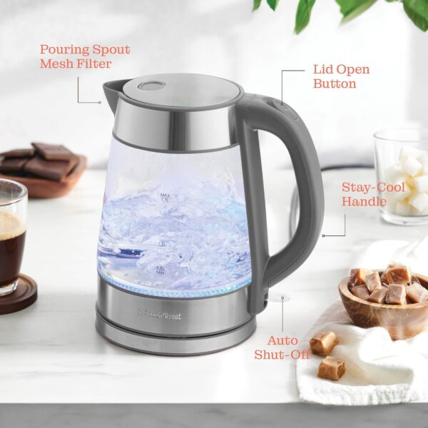 speed boil electric kettle for coffee & tea 1.7l water boiler 1500w, borosilicate glass, easy clean wide opening, auto shut off, cool touch handle, led light. 360° rotation, boil dry protection