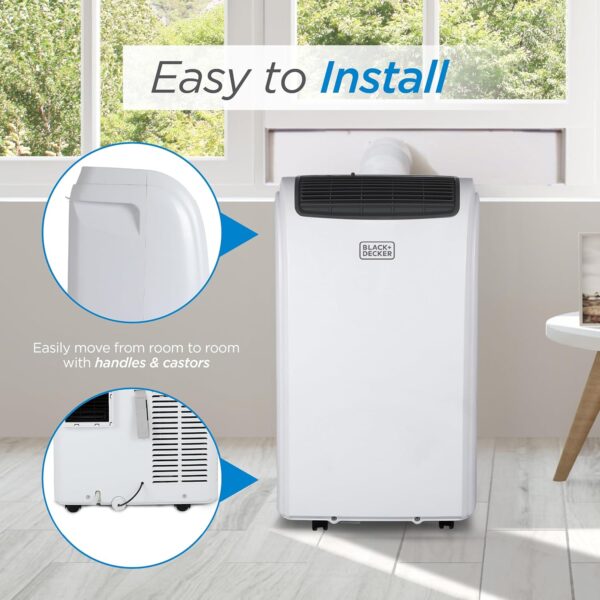 black+decker smart portable air conditioner, 12,000 btu for rooms up to 550 sq. ft., smart portable ac with follow me remote and window kit, bpact12wt, white