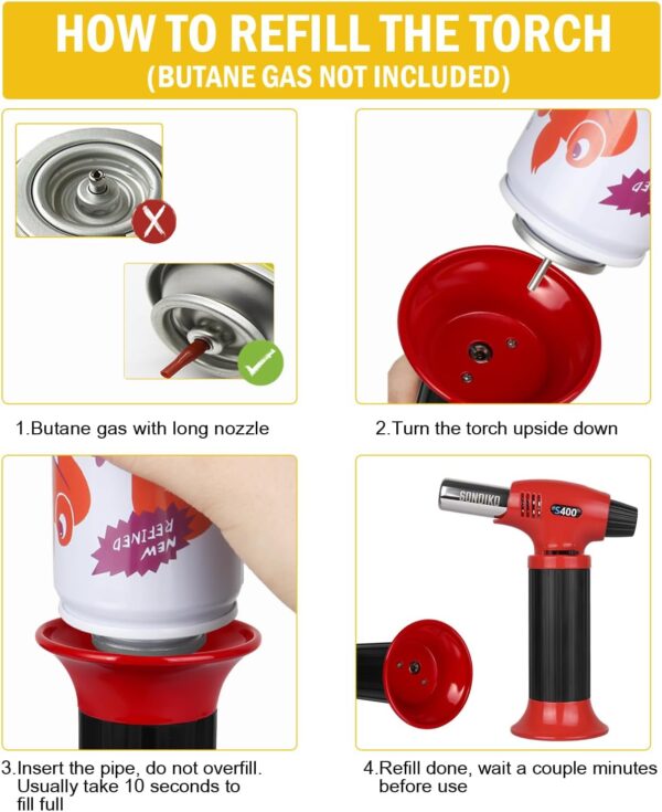 sondiko butane torch s400, refillable kitchen torch lighter, fit all butane tanks blow torch with safety lock and adjustable flame for desserts, creme brulee, and baking—butane gas is not included