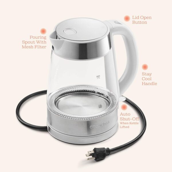 speed boil electric kettle for coffee & tea 1.7l water boiler 1500w, borosilicate glass, easy clean wide opening, auto shut off, cool touch handle, led light. 360° rotation, boil dry protection