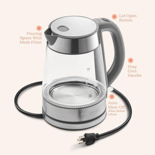 speed boil electric kettle for coffee & tea 1.7l water boiler 1500w, borosilicate glass, easy clean wide opening, auto shut off, cool touch handle, led light. 360° rotation, boil dry protection