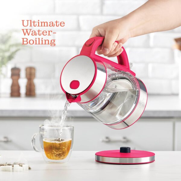 speed boil electric kettle for coffee & tea 1.7l water boiler 1500w, borosilicate glass, easy clean wide opening, auto shut off, cool touch handle, led light. 360° rotation, boil dry protection