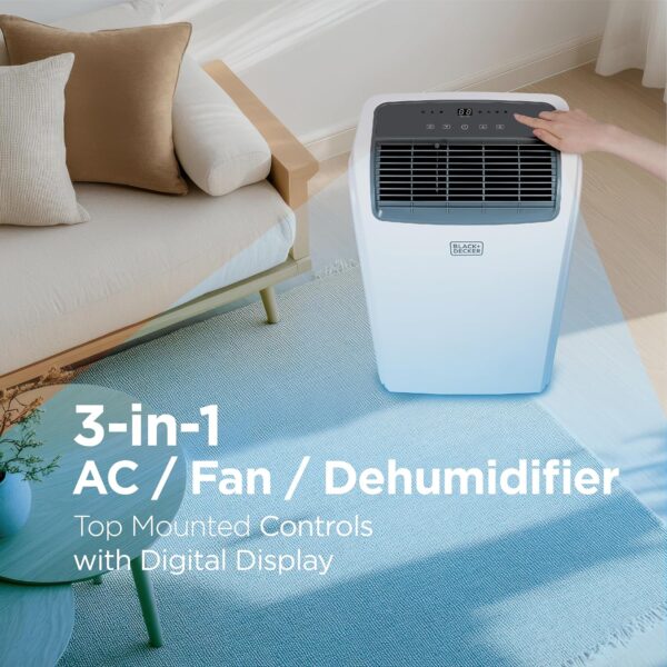 black+decker smart portable air conditioner, 12,000 btu for rooms up to 550 sq. ft., smart portable ac with follow me remote and window kit, bpact12wt, white