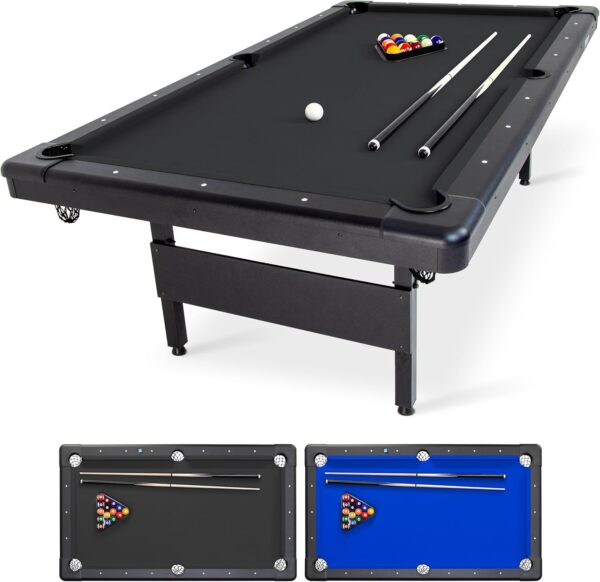 gosports 6, 7, or 8 ft billiards tables no assembly, choose your color portable pool table includes full set of balls, 2 cue sticks, chalk and felt brush