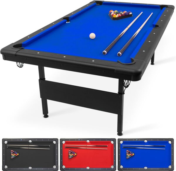 gosports 6, 7, or 8 ft billiards tables no assembly, choose your color portable pool table includes full set of balls, 2 cue sticks, chalk and felt brush