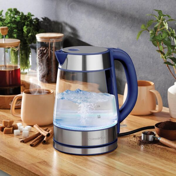 speed boil electric kettle for coffee & tea 1.7l water boiler 1500w, borosilicate glass, easy clean wide opening, auto shut off, cool touch handle, led light. 360° rotation, boil dry protection