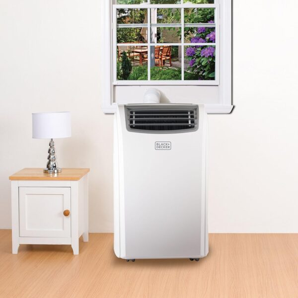 black+decker smart portable air conditioner, 12,000 btu for rooms up to 550 sq. ft., smart portable ac with follow me remote and window kit, bpact12wt, white