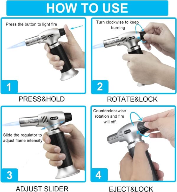 sondiko butane torch s400, refillable kitchen torch lighter, fit all butane tanks blow torch with safety lock and adjustable flame for desserts, creme brulee, and baking—butane gas is not included