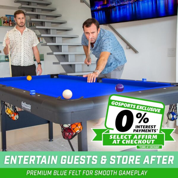 gosports 6, 7, or 8 ft billiards tables no assembly, choose your color portable pool table includes full set of balls, 2 cue sticks, chalk and felt brush