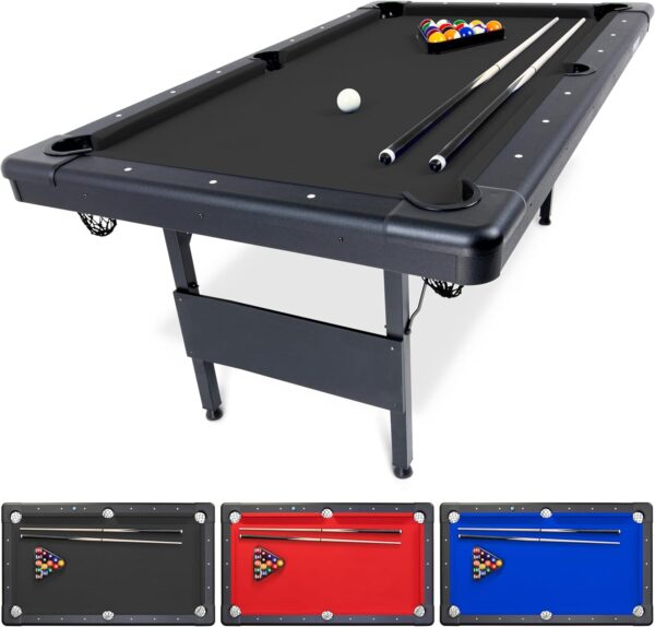gosports 6, 7, or 8 ft billiards tables no assembly, choose your color portable pool table includes full set of balls, 2 cue sticks, chalk and felt brush
